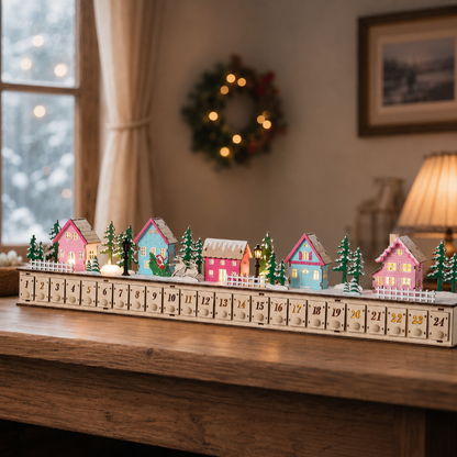 TYIIPLUS™ Home Reflections Weihnachtsdorf-Adventskalender – DIY-Holzdekoration mit LED-Beleuchtung, Musik & 24 Geschenk-Schubladen