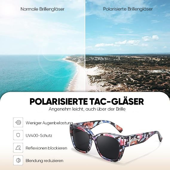 🕶️ Polarisierte Überbrille für Damen – UV400-Schutz, floral gerahmte Überbrille mit Korrektionsgläsern