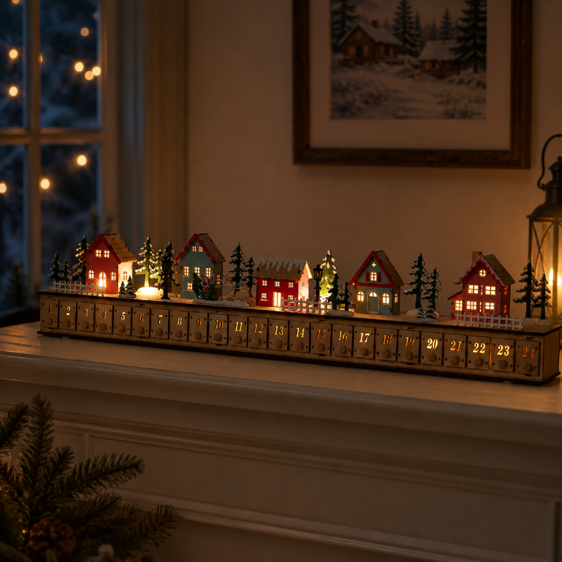 TYIIPLUS™ Home Reflections Weihnachtsdorf-Adventskalender – DIY-Holzdekoration mit LED-Beleuchtung, Musik & 24 Geschenk-Schubladen