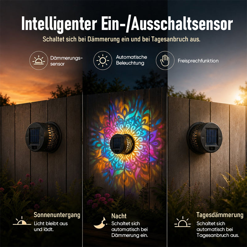 Solar-Mandala-Wandleuchte für den Außenbereich, Garten- und Zaunprojektorlampe, Terrassen-Ambiente-Dekoration