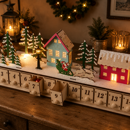 TYIIPLUS™ Home Reflections Weihnachtsdorf-Adventskalender – DIY-Holzdekoration mit LED-Beleuchtung, Musik & 24 Geschenk-Schubladen