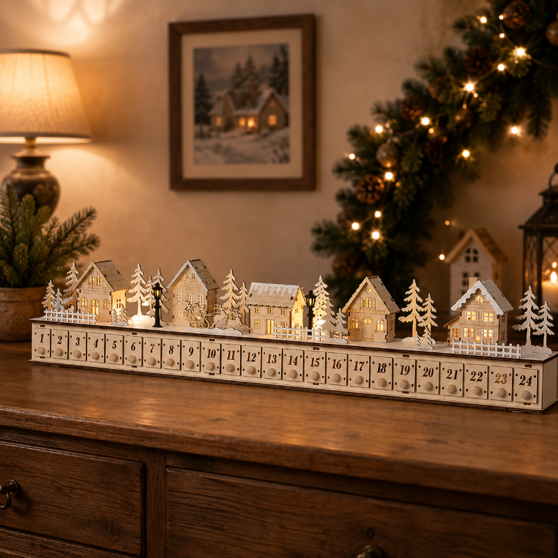 TYIIPLUS™ Home Reflections Weihnachtsdorf-Adventskalender – DIY-Holzdekoration mit LED-Beleuchtung, Musik & 24 Geschenk-Schubladen