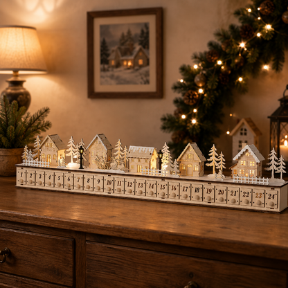 TYIIPLUS™ Home Reflections Weihnachtsdorf-Adventskalender – DIY-Holzdekoration mit LED-Beleuchtung, Musik & 24 Geschenk-Schubladen