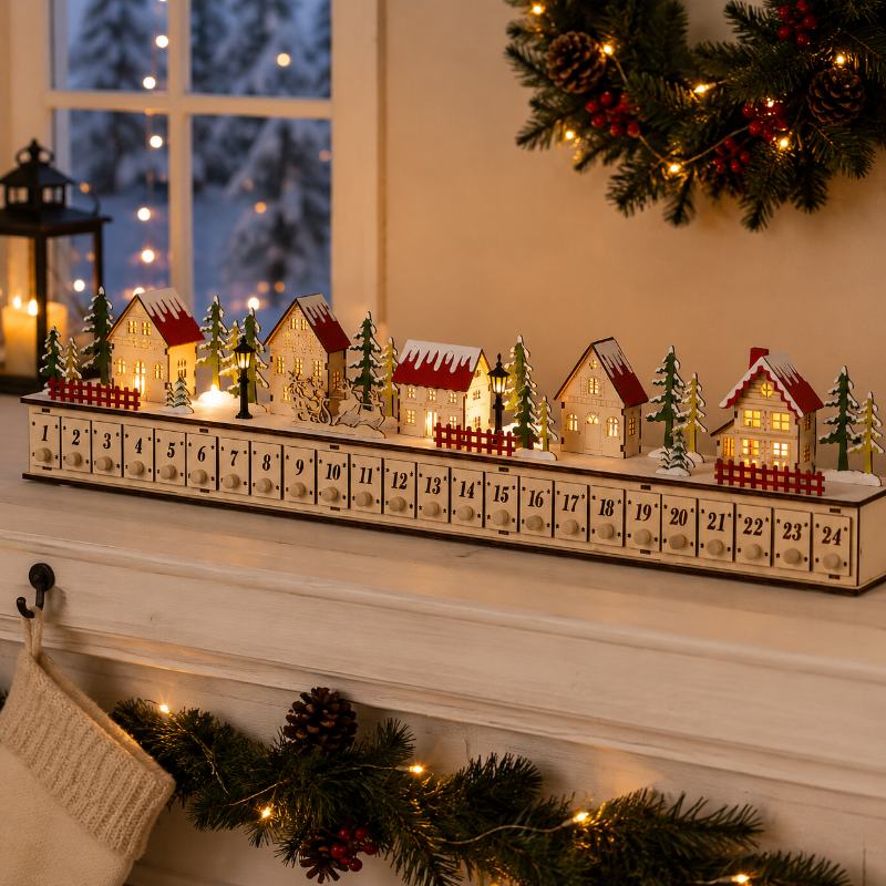 TYIIPLUS™ Home Reflections Weihnachtsdorf-Adventskalender – DIY-Holzdekoration mit LED-Beleuchtung, Musik & 24 Geschenk-Schubladen