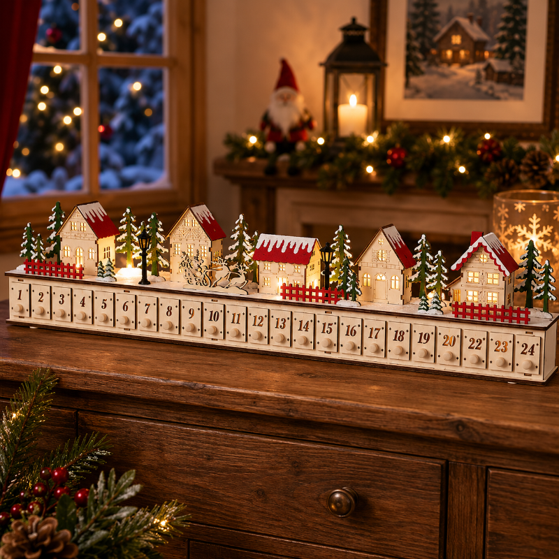 TYIIPLUS™ Home Reflections Weihnachtsdorf-Adventskalender – DIY-Holzdekoration mit LED-Beleuchtung, Musik & 24 Geschenk-Schubladen