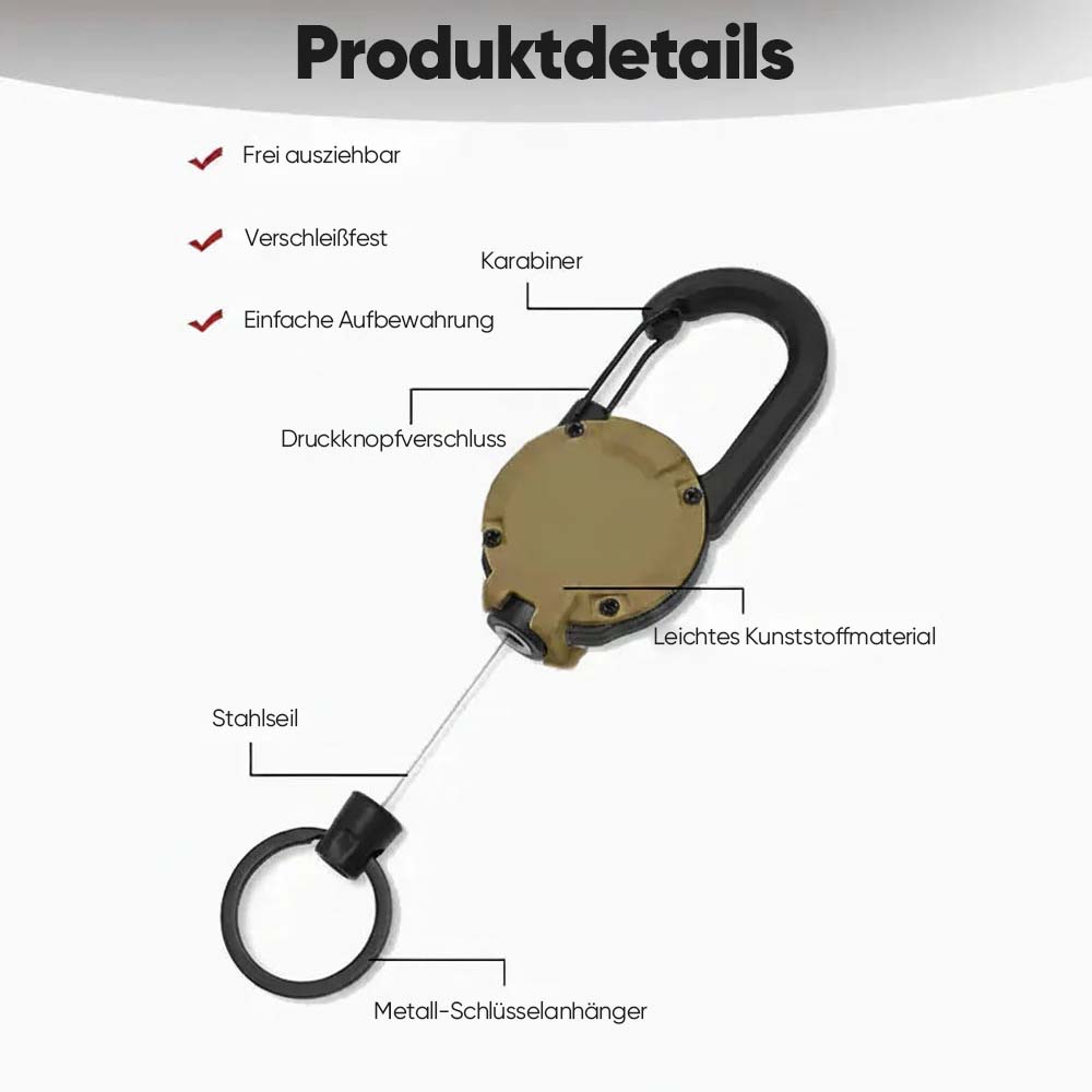 Heavy-Duty Retractable Carabiner Keychain - 25" Steel Wire Rope, 100,000 Pull Cycles