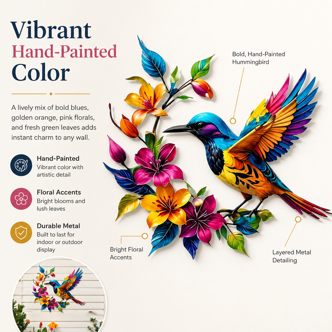 Wandbild "Kolibri in voller Blüte" aus Metall